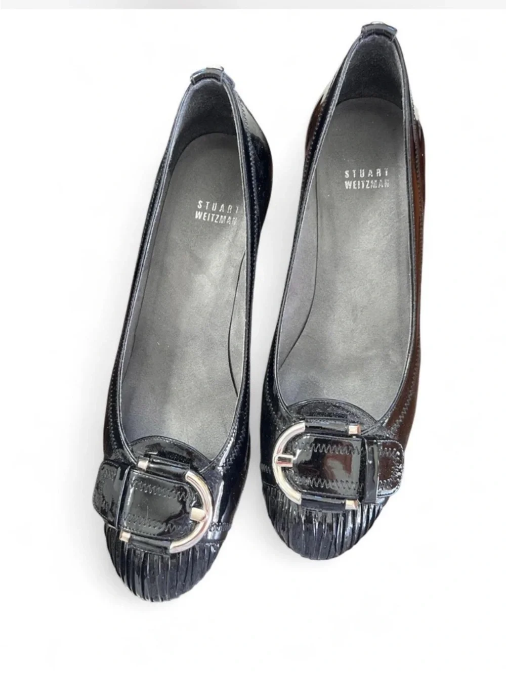 Stuart Weitzman Black Patent Leather Pleated Toe Wedge Pumps size 10 - Picture 2 of 4